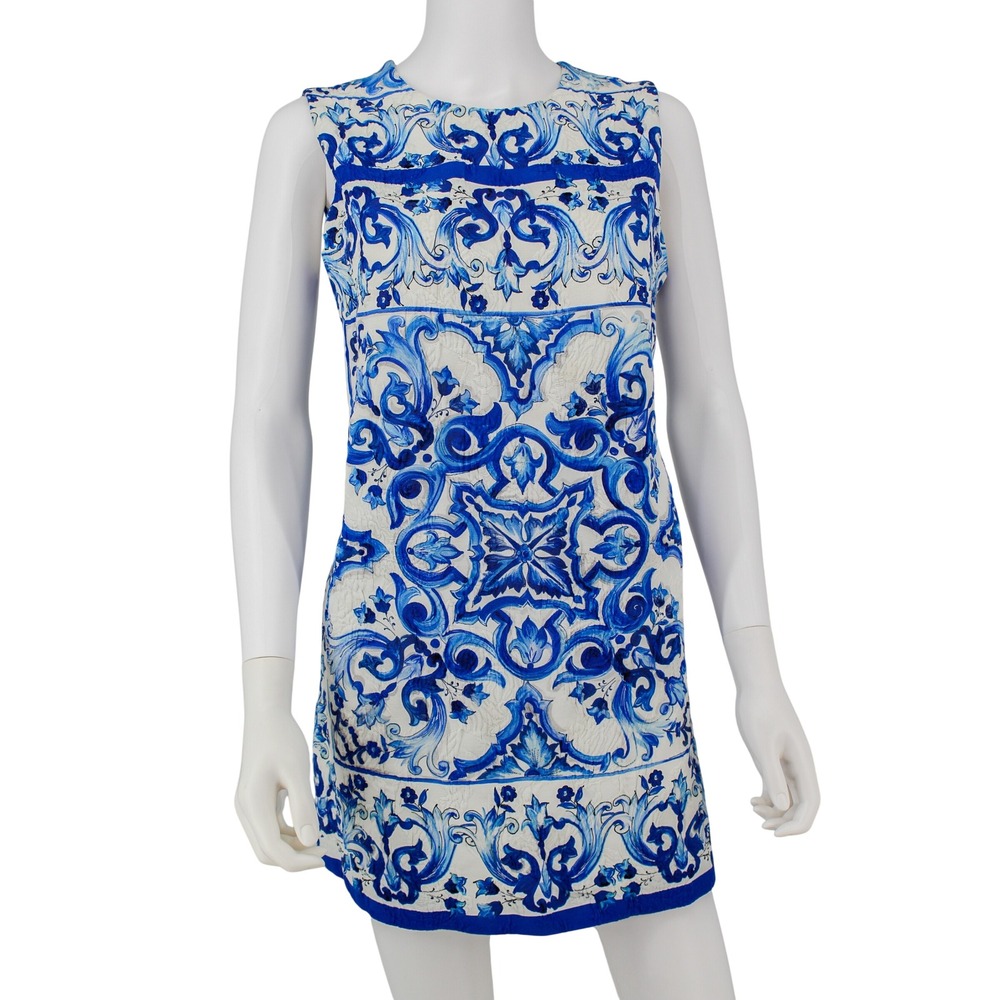 Dolce & Gabbana Blue White Majolica Tile Brocade Shift Mini Dress IT 46 US 10 - Picture 5 of 8